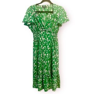 Max Edition Floral Midi Dress Green White Flutter Sleeve Ruffled Hem Sz M Flowy